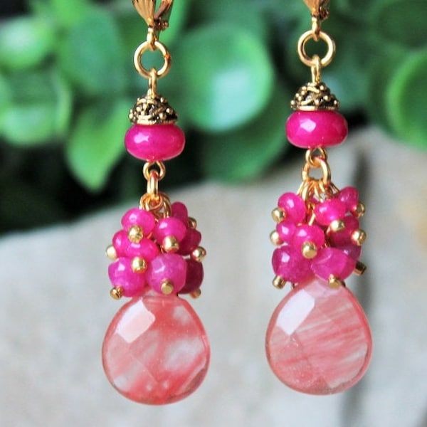 Hot Pink Gemstone Dangle Earrings Jade Gold Cluster Statement Bridal Chandelier Long Fuchsia Red Ruby Drop Gift Handmade