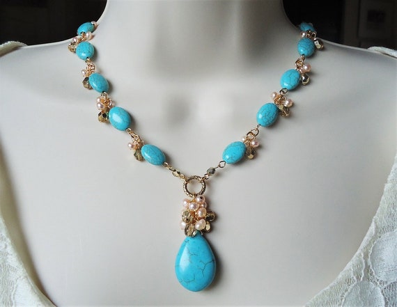 Turquoise Stone Pendant Necklace.Cluster Necklace.Freshwater | Etsy