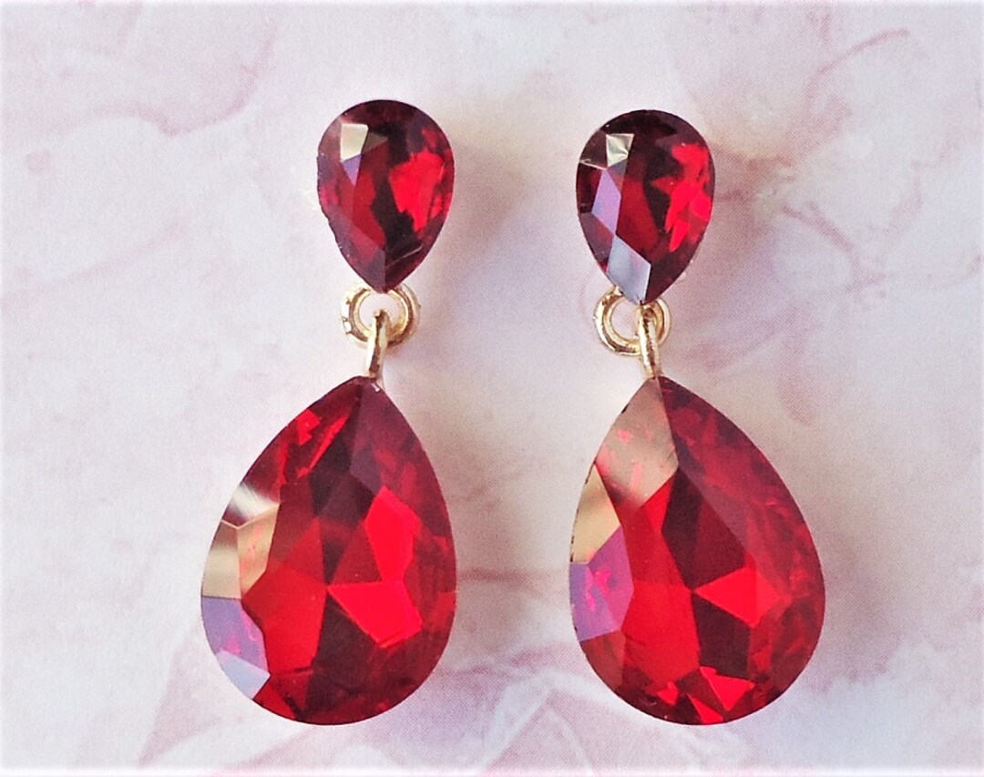 Red Garnet Crystal Dangle Earrings Post Earrings Jeweled