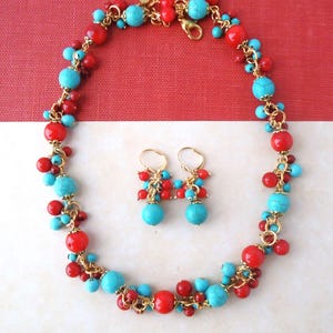 Türkis & Koralle Statement Schmuck Set: Handgemachte Gold Ohrringe