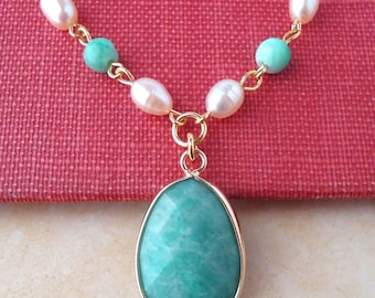Amazonite Gemstone Pendant Necklace: Freshwater Pearl, Blue Beaded Choker Statement Jewelry, Handmade