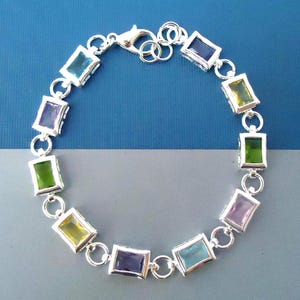Pulsera de diamantes de imitación de cristal multicolor: pulsera de tenis plateada, joyería nupcial, hecha a mano