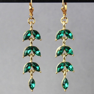Emerald Green Crystal Dangle Earrings: Bridal Rhinestone Statement Jewelry, Handmade