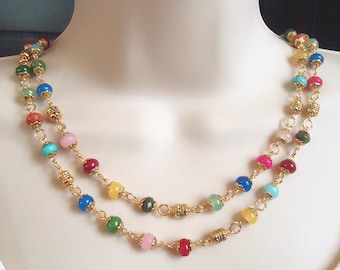 Collar largo de jade degradado con gemas: doble hebra, gargantilla arcoíris, joyería nupcial, hecho a mano.