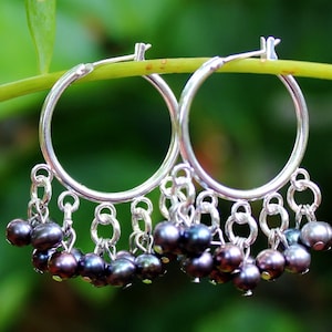 Peacock Black Pearl Hoop Earrings: Silver Dangle, Bohemian Statement Jewelry, Handmade