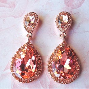 Rose Gold Crystal Dangle Earrings, Pink Rhinestone, Jeweled, Blush,  Statement, Bridal, Wedding, Formal,    Cluster, Post Earrings, Handmade