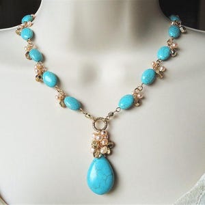 Turquoise Stone Pendant Necklace, Cluster Necklace, Freshwater pearl, Crystal, Metal, Gold, Statement, Bridal, Blue Gemstone, Gift, Handmade