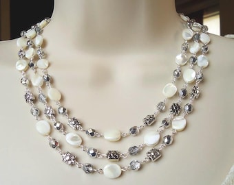 Mother of Pearl Jewelry Set: Necklace & Dangle Earrings, Bridal MOP Statement Jewelry, Gift, Handmade