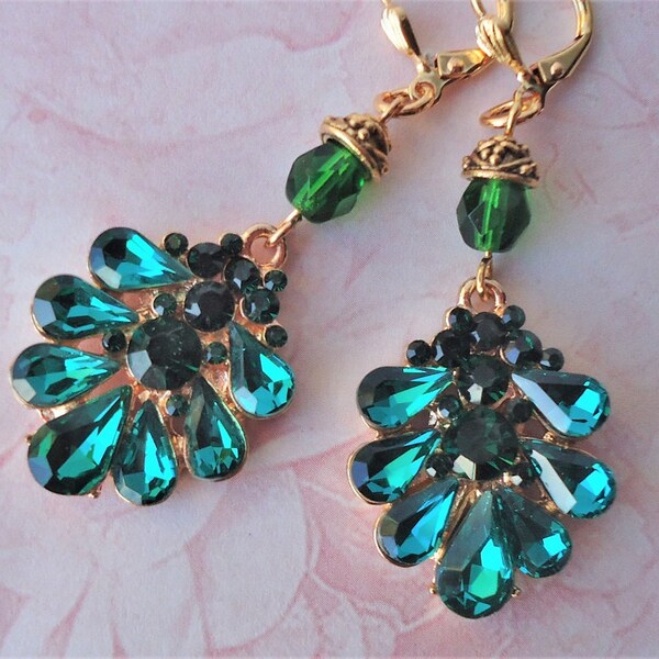 Emerald Green Dangle Earrings Crystal Jeweled Gold Statement Bridal Wedding Chandelier Gemstone Formal Long Earrings Cluster Gift Handmade