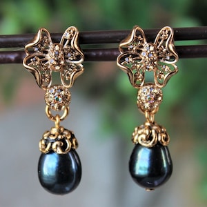 Black Pearl Dangle Earrings Crystal Jeweled Post Earrings Statement Bridal Wedding Formal Small Earrings Rhinestone Stud Gold Gift Handmade