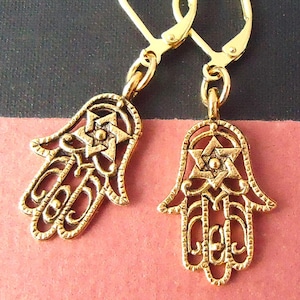 Gold Hamsa Dangle Earrings: Star of David, Judaica Statement Jewelry, Gift, Handmade