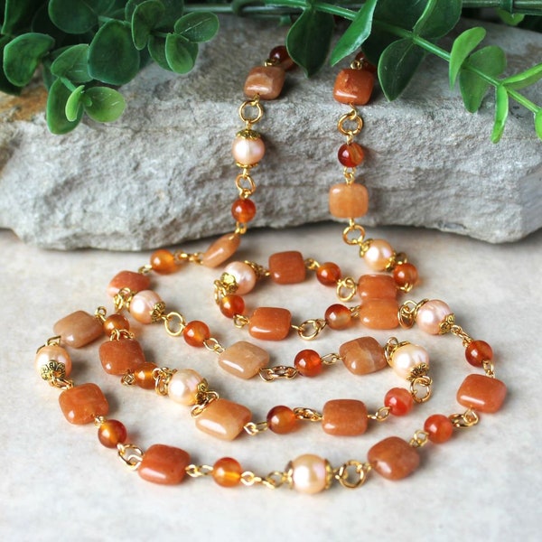 Long Necklace Orange Carnelian Gemstone Freshwater Pearl Gold Lariat Statement Double Strand Choker Layering Bridal Beaded Gift Handmade.