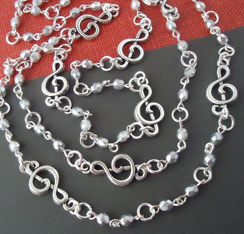 Silver Music Note Lariat Long Necklace: Treble Clef Double Strand ...