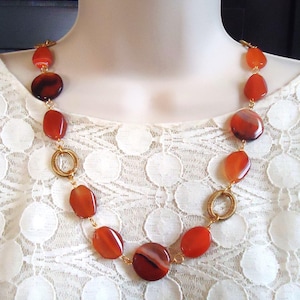 Brown Agate Stone Long Necklace, Orange Carnelian Gemstone, Beaded, Metal, Gold, Statement, Bridal, Wedding, Formal, Gift, Handmade