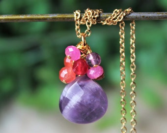 Amethyst Gemstone Pendant Necklace Multi Colors Silver Gold Chain Healing Stone Cluster Ruby Pink Rose Purple Bridal Statement Handmade