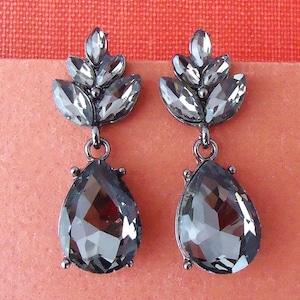 Smoky Black Crystal Dangle Earrings Jeweled Statement Bridal Wedding Formal Long Rhinestone Clear Grey Cluster Post Earrings Gift Handmade