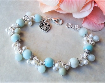 Amazonite Stone Cluster Bracelet Blue White Freshwater Pearls Silver Gemstone Beadwork Bridal Bridesmaid Statement Mothers Gift Handmade