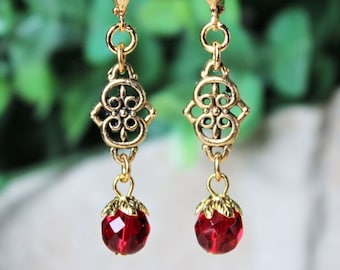 Red Garnet Crystal Dangle Earrings: Gold Rhinestone Drop, Handmade