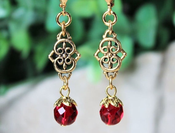 Boucles D'oreilles Vintage Or 14K Et Grenat - Style Goutte, Créateur Carla - Occasion