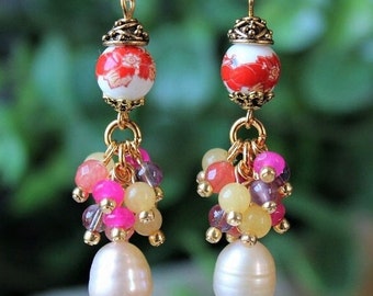 Multi Gemstone Dangle Earrings Rose Flower Pearl Gold Silver Cluster Statement Bridal Floral Chandelier Formal Handmade