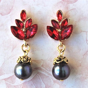 Black Pearl Dangle Earrings Red Garnet Crystal Jeweled Post Earrings Statement Bridal Rhinestone Formal Stud Gold Ruby Gift Handmade