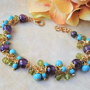 Purple Amethyst Turquoise Jade Gemstone Cluster Bracelet: Bridal Statement Jewelry, Gift, Handmade