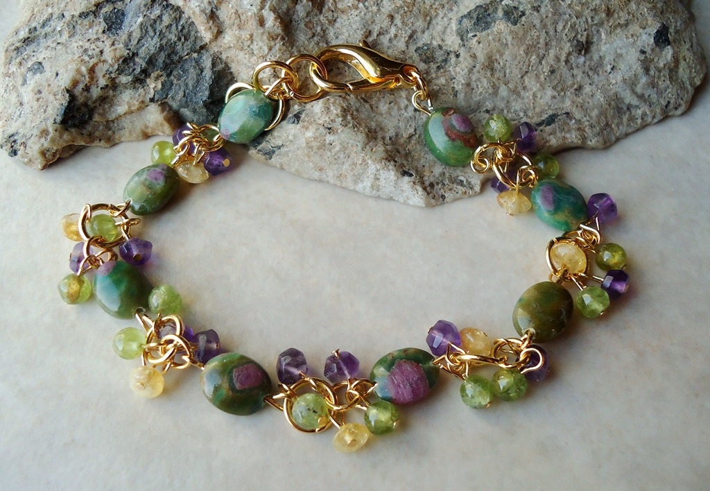 Multi Gemstones Cluster Bracelet.Ruby in Fuchsite Stone.Purple | Etsy