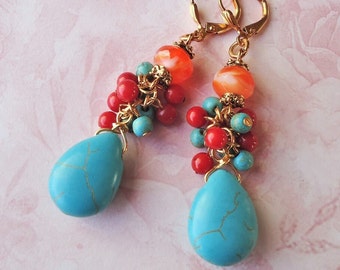 Multi Gemstone Cluster Earrings Turquoise Stone Red Coral Dangle Gold Silver Statement Chandelier Bridal Orange Blue Long Gift Handmade