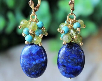 Multi Gemstone Dangle Earrings Blue Lapis Turquoise Green Peridot Silver Gold Cluster Statement Drop Bridal Navy Formal Chandelier Handmade