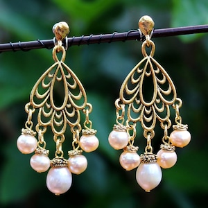 Freshwater Pearl Dangle Earrings Metal Plated in 24K Gold Statement Hoop Chandelier Earring Bridal Valentine Mother&#39;s Birthday Handmade