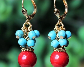 Turquoise Red Coral Multi Stone Cluster Earrings Gemstone Gold Silver Dangle Drop Blue Bridal Bohemian Colorful Handmade