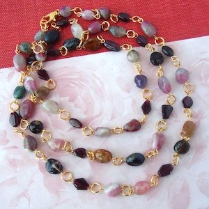 Long Necklace Tourmaline Gemstone Gold Silver Multi Gemstones Red Garnet Colorful Lariat Statement Double Strand Bridal Chunky Handmade.