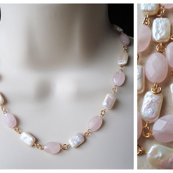 Keshi Coin Pearl Necklace Rose Quartz Gemstone Dangle Earrings White Pink Gold Silver Choker Statement Bridal Formal Wedding Gift Handmade