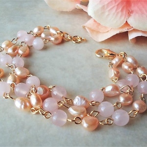 Rose Quartz gemstone Bracelet Pink Triple-strand Freshwater Pearl Gold Silver Beadwork Bridal Cluster Multi Strand Pastel Gift Handmade