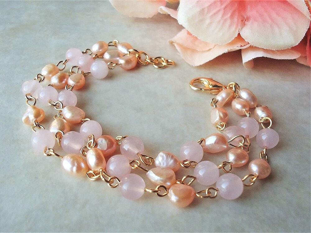 Rose Quartz gemstone Bracelet Pink Triple-strand Freshwater Pearl Gold Silver Beadwork Bridal Cluster Multi Strand Pastel Gift Handmade