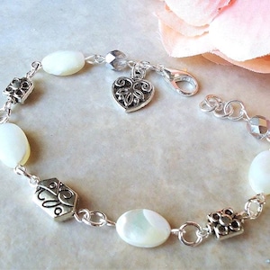 White Mother of Pearl Bracelet MOP Beach Wedding Metal Silver Beadwork Bridal Formal Bridesmaid Mothers Birthday Gift Handmade