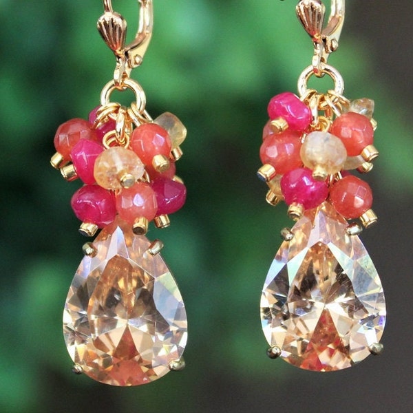 Blush Champagne Cluster Earrings Multi Gemstones Swarovski Crystal Jeweled Statement Bridal Wedding Hot Pink Rose Citrine Formal Handmade