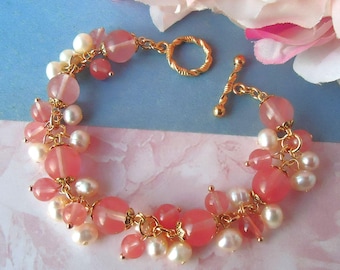 Cherry Quartz Cluster Bracelet Freshwater Pearls Toggle Gold Beadwork Bridal Mothers Valentine Gift Pastel Birthday Gift Handmade