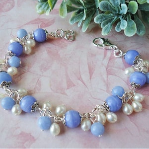 Blue Lace Agate Gemstone Cluster Bracelet White Freshwater Pearl Gold Silver Beadwork Statement Bridesmaid Mother&#39;s Bridal Gift Handmade