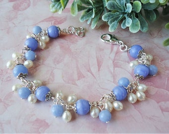 Blue Lace Agate Gemstone Cluster Bracelet White Freshwater Pearl Gold Silver Beadwork Statement Bridesmaid Mother's Bridal Gift Handmade