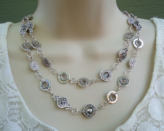 Long Necklace.Silver.Hammered.Metal.Lariat Necklace.Double Strand.Statement Necklace.Chain.Links.Bridal.Chunky.Modern.Layering. Handmade.