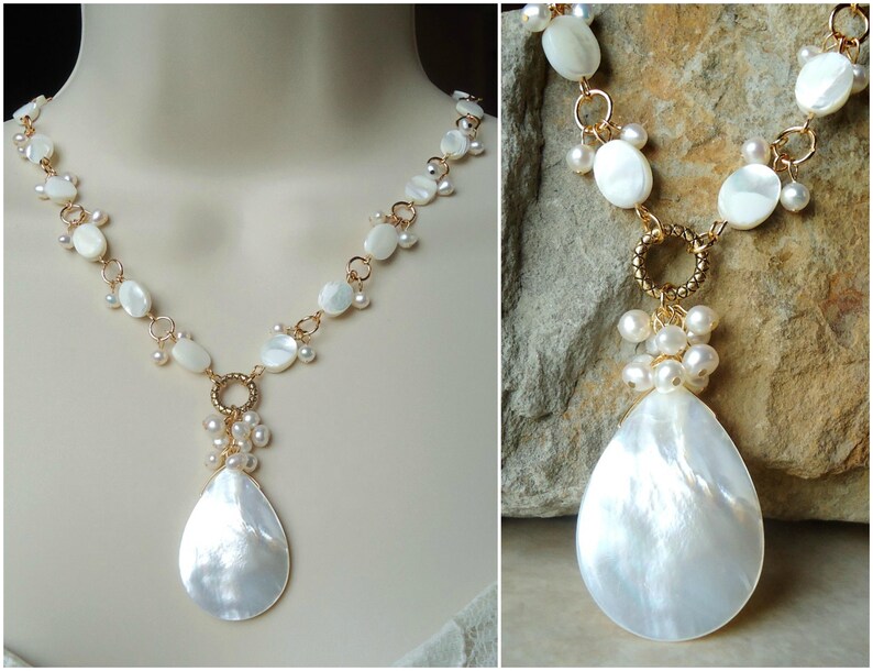 Mother of Pearl Pendant Necklace.Freshwater Pearl Cluster.White.Beaded.Gold.Silver.Infinity Circle.Statement.Bridal.Chunky.Formal.Handmade.