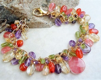 Multi Gemstone Cluster Bracelet Multi Color Statement Bridal Cherry quartz Amethyst Peridot Citrine Carnelian Gold Colorful Chunky Handmade