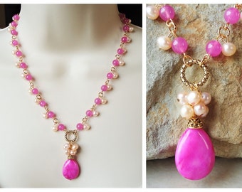 Hot Pink Jade Cluster Necklace.Freshwater Pearl.Pendant Necklace.Bridal.White.Statement.Beaded.Lariat.Formal.Holiday.Colorful.Gift.Handmade.