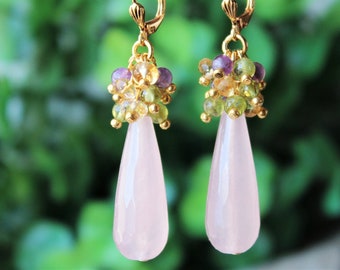 Rose Quartz Gemstone Cluster Earrings Gold Silver Statement Pink Drop Pastel Bridal Yellow Citrine Green Peridot Purple Amethyst Handmade