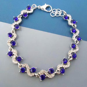 Blue Sapphire Crystal Rhinestone Bracelet: Silver Tennis Bracelet, Statement Jewelry, Handmade