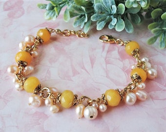 Yellow Jade Gemstone Cluster Bracelet Ivory Freshwater Pearls Gold Silver Beadwork Bridal Statement Valentine Birthday Chunky Gift Handmade