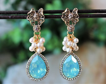 Mint Opal Cluster Earrings Multi Gemstones Pearls Crystal Post Earrings Jeweled Gold Statement Bridal Wedding Formal Long Dangle Handmade