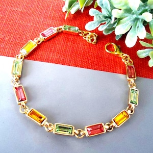 Multi Colors Crystal Rhinestone Bracelet, Jeweled, Gemstone, Tennis Bracelet, Gold, Bridal, Statement,  Pink, green, Yellow, Gift, Handmade