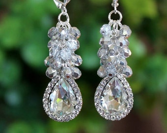 Crystal Cluster Earrings Swarovski Crystal Jeweled Silver Statement Bridal Wedding Formal Long Earrings Vintage Luxury Bold Gift Handmade